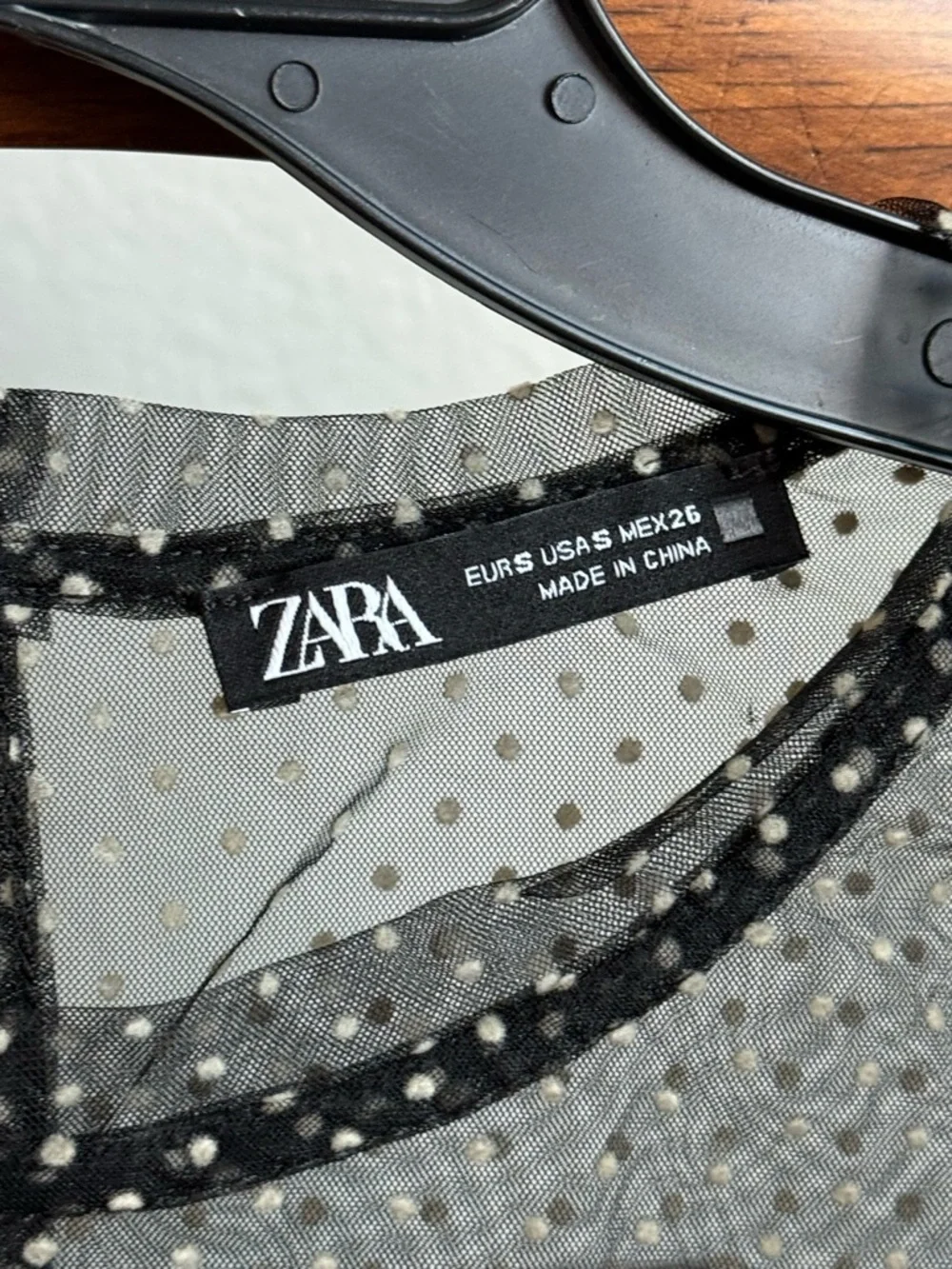 Zara Sheer Polka Dot Mesh Blouse Black Sheer Top Smocked Waist Size S